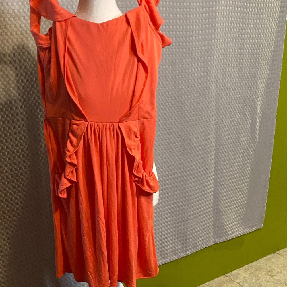 Asymmetrical Coral Orange Ruffle Shoulder Dress
